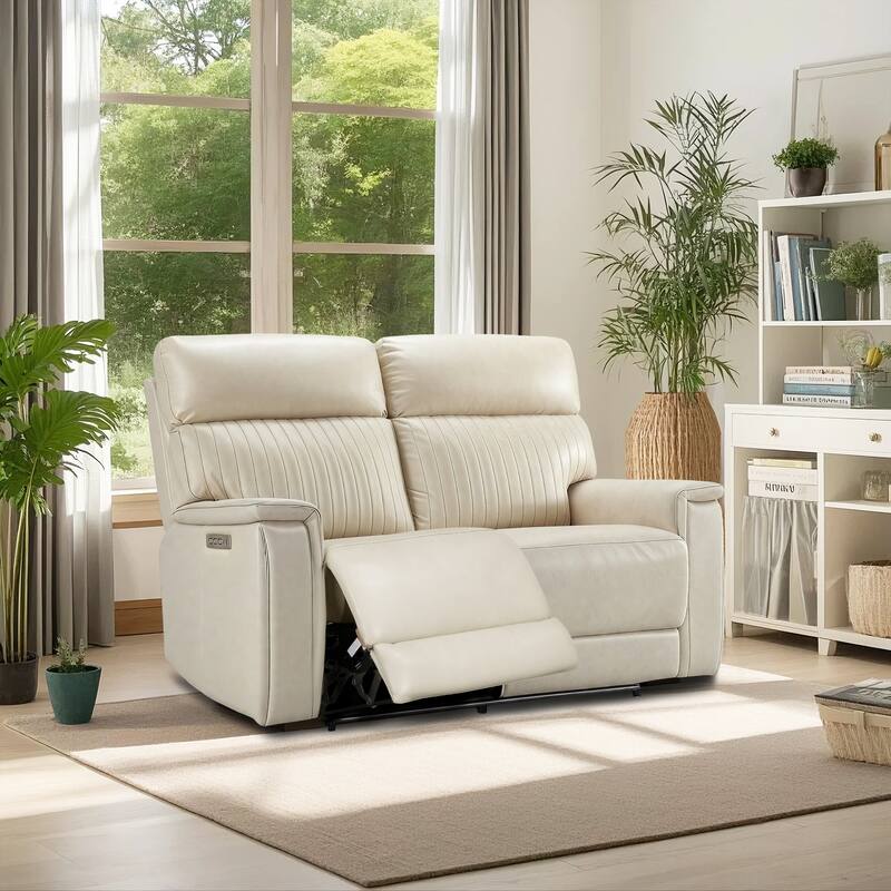 Genuine Leather Reclining Loveseat with Triple Power Adjustable Headrest, Lumbar Support, Zero Gravity, USB & USB-C Ports - Cream