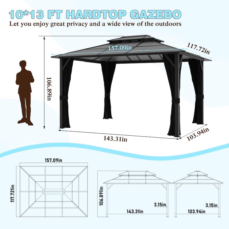 VEIKOUS 13' x 10' Outdoor Hardtop Gazebo with Aluminum Frame and Double Roof, Patio Gazebo with Premium Nettings