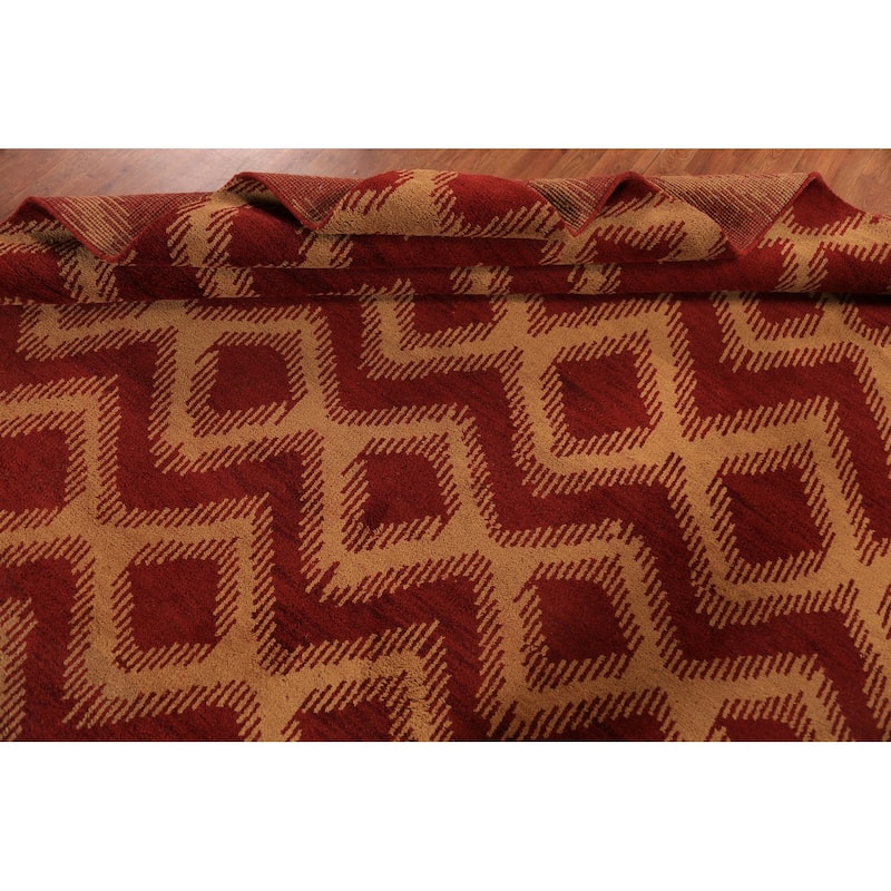 Hand Knotted Oriental 100% Wool Carpet Modern Geometric Red Moroccan Area Rug - 9' 7'' X 7' 11''