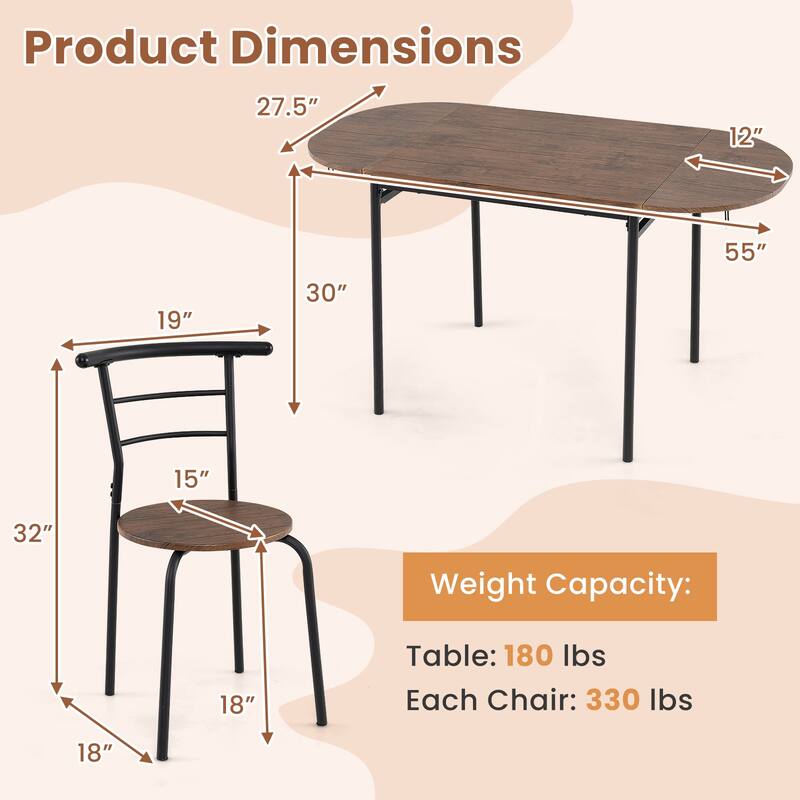 Gymax 3 Pcs Foldable Dining Table Set w/ 2 Chairs Industrial Oval