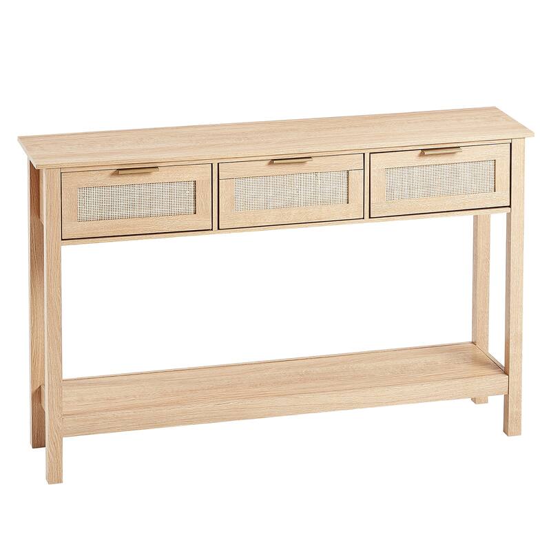Rattan Console Table with 3 Storage Drawers, Rattan Entryway Table with Natural Rattan Sliding Door, Console Sofa Table - Oak
