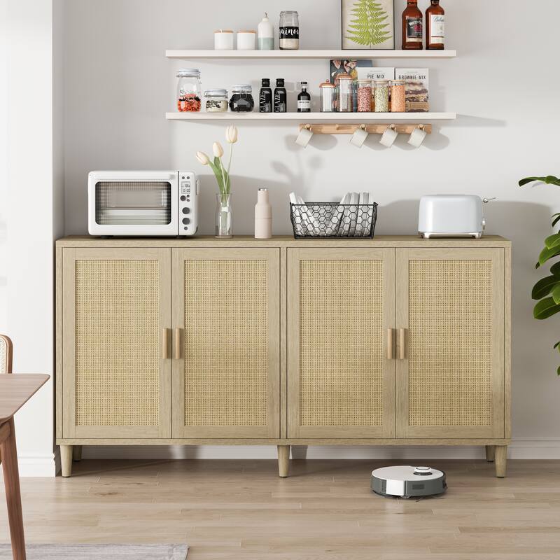 Rattan Sideboard Buffet Cabinet, 70" Storage Cabinet with Adjustable Shelves, Farmhouse Credenza Coffee Bar Cabinets w/ 4 Doors聽