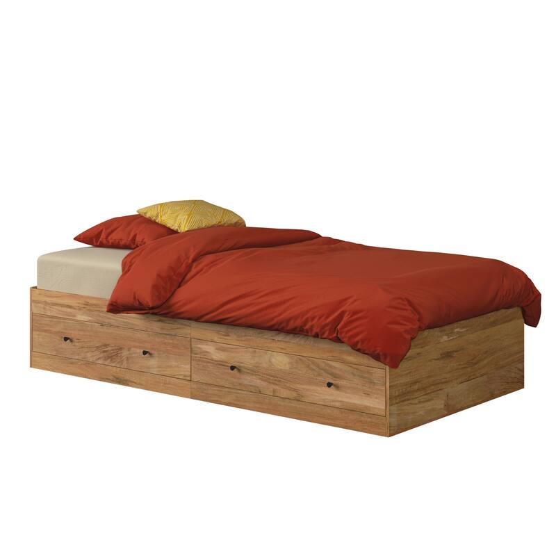 Twin Bed with Storage Drawers in Brown Finish - Space-Saving Platform Design