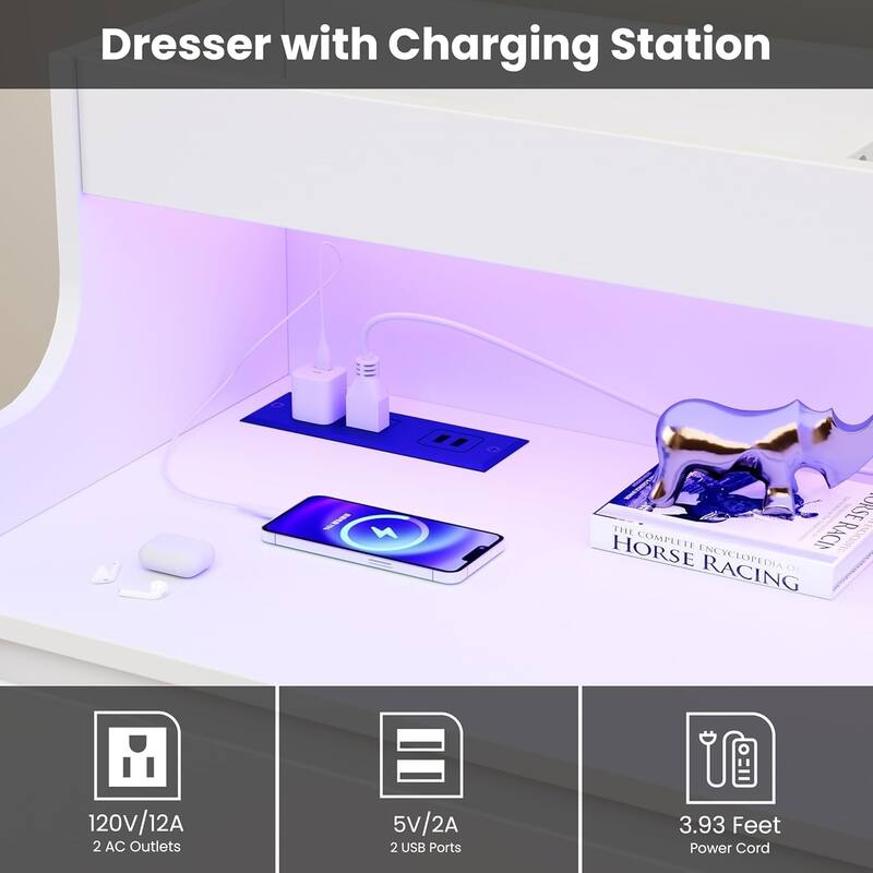 Dresser for Bedroom with 6 Drawers, Modern Chest Featuring LED Lights and Charging Station