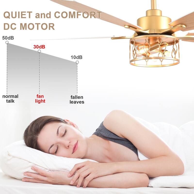 Bella Depot 52" Modern Gold Ceiling Fan with Light and Remote 6-Speed Large Caged Ceiling Fan