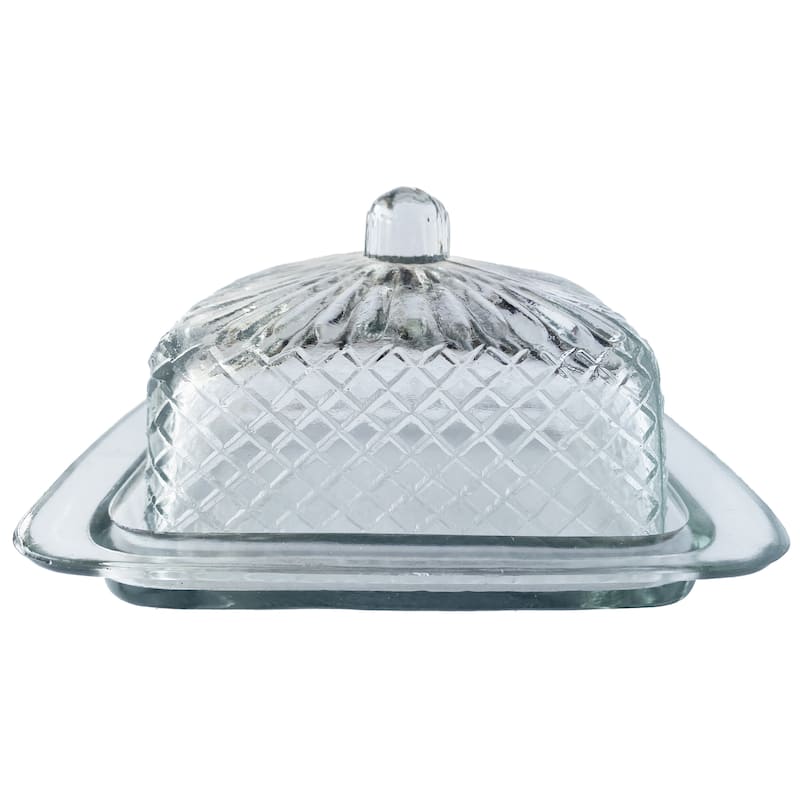 Embossed Reclaimed Glass Butter Dish - 6.8"L x 5.0"W x 3.5"H - 1 Piece - Clear - 6.8"L x 5.0"W x 3.5"H