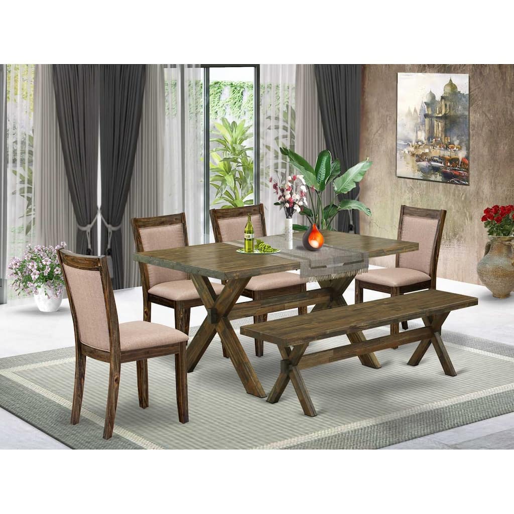 HomeStock 6-Piece Rectangle Distressed Jacobean Finish Solid Wood Top Dining Table with 1-Bench, 4-Chairs