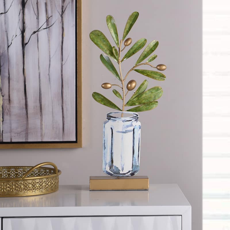 Planted Stem Metal Table Top Art of Green Plant Stem with Gold Buds in Jar - 3"D x 10"W x 20"H - 3"D x 10"W x 20"H