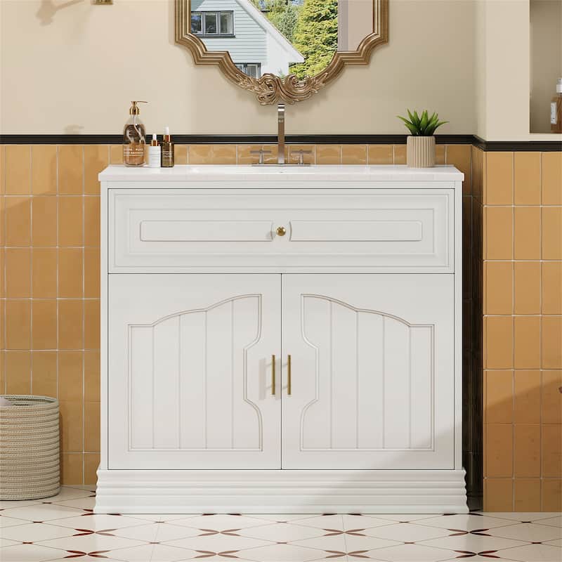 36" Wood Bathroom Vanity with Ceramic Sink and 2 Closing Doors