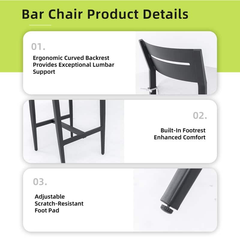 2PC Modern Outdoor Bar Stools: Aluminum, Ergonomic Backrest, Tapered Legs, Footrest, Sunbrella Cushion, Weather-Resistant.