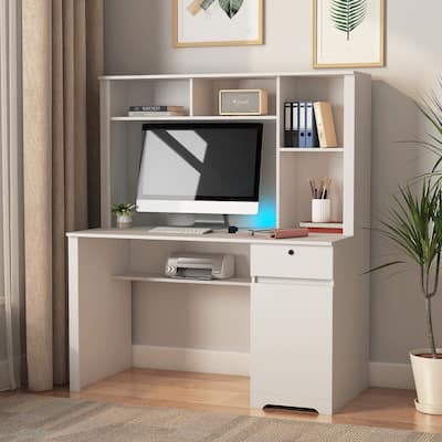 Wood Executive Desk with Hutch & Bookshelf, Study Laptop Table for Home