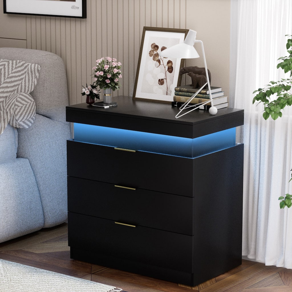 Modern Nightstand with Charging Station, LED Lights, and Sliding Drawer, White