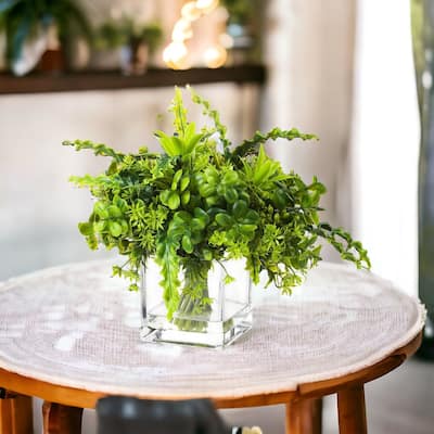 Enova Home Artificial Mixed Greenery Foliage Plant in Clear Glass Vase Small Fake Plants Indoor Greenery Tabletop Decor - N/A