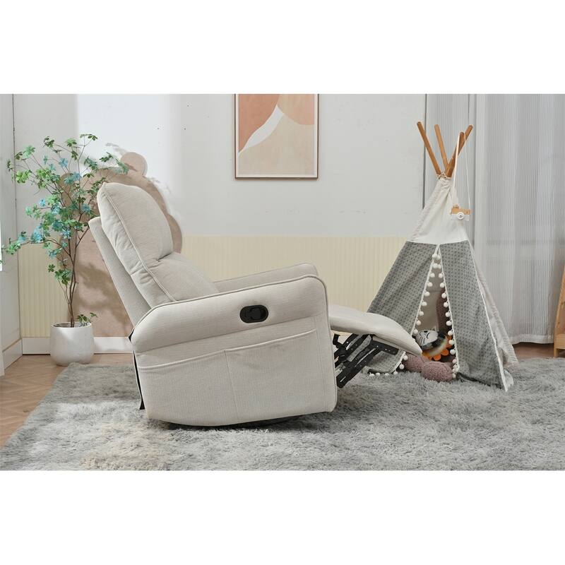 360° Swivel Rocking Recliner Chair, Manual Glider with Footrest, Modern Padded Lounge Chair for Small Spaces, Side Pockets