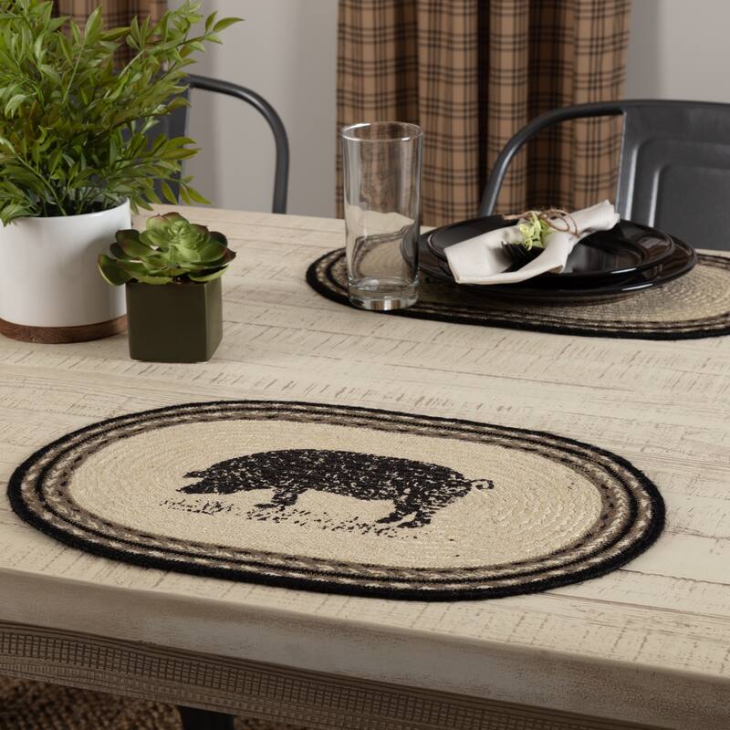 Sawyer Mill Charcoal Pig Jute Placemat Set of 6 12x18 - Placemat 12x18 - Placemat 12x18 - Set of 6 - Bleached White/Asphalt/Grey Taupe