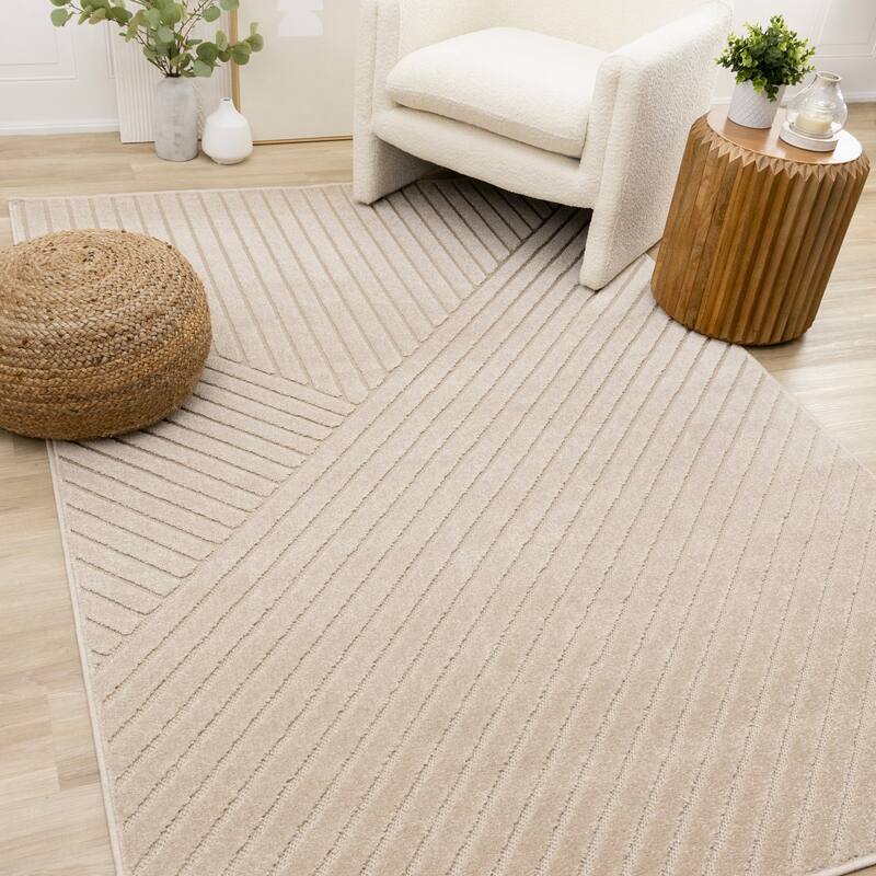 Modern Carved Lines Textured Area Rug in Beige - 7'10" x 10'6"