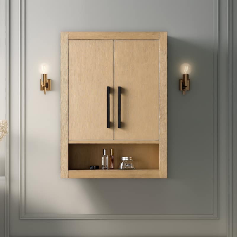 Vanity Art 24 "Wall Mounted Bathroom Storage Cabinet with Soft Close Doors - 24"/Matte Black Handle - Natural Oak