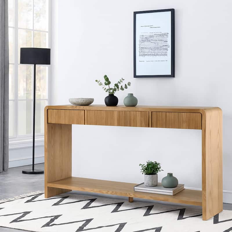 Modern Wooden Living Room Console Table Entryway Table with 3 Drawers and a Bottom Shelf - Brown