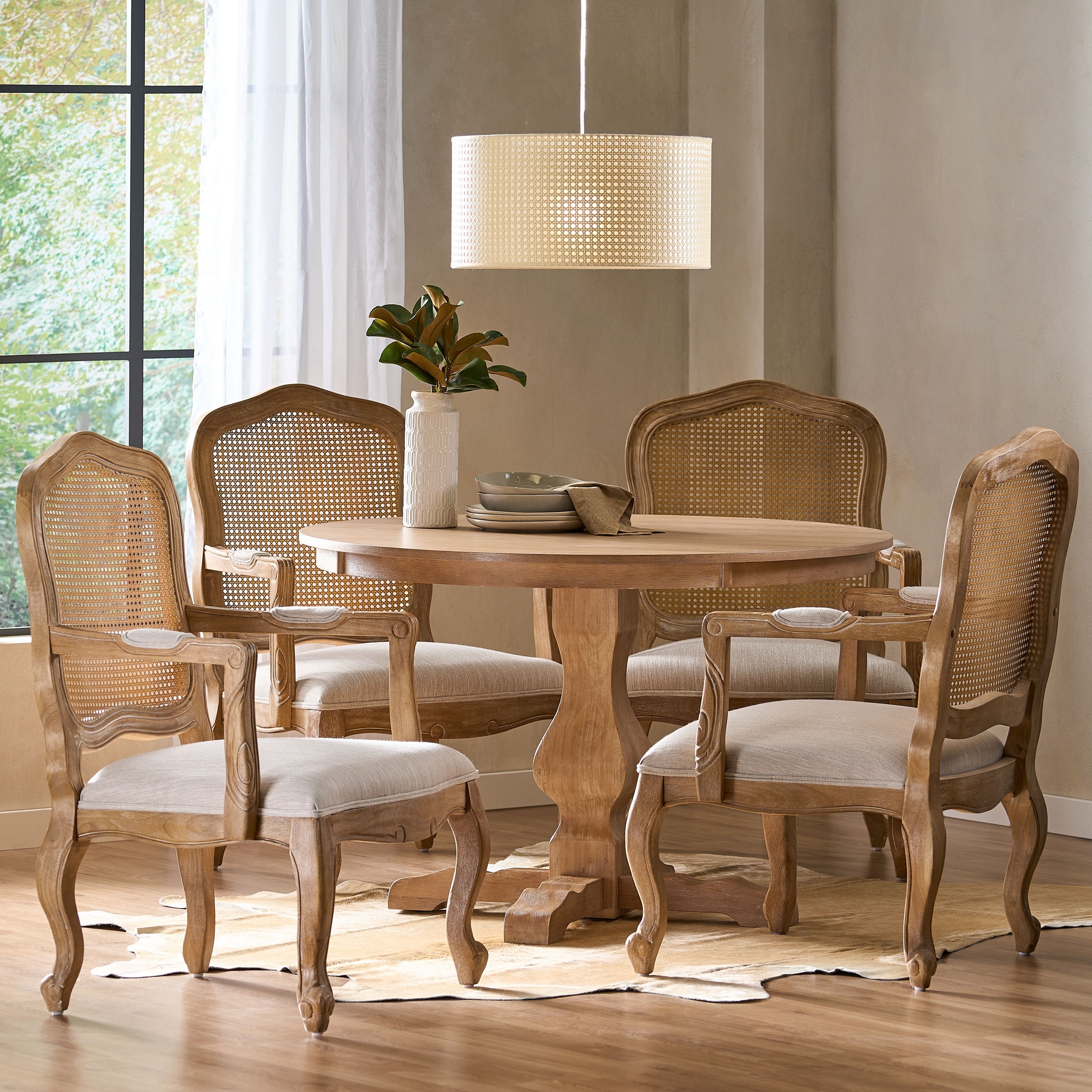 Christopher Knight Home Ardyce Wood and Cane Upholstered 5 Piece Circular Dining Set