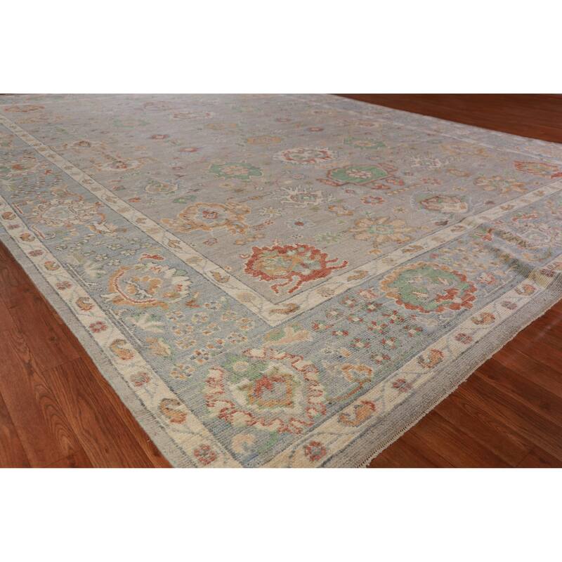 Hand Knotted Oriental 100% Wool Carpet Transitional All-Over Greys & Charcoal Oushak Area Rug - 13' 4'' X 9' 11''