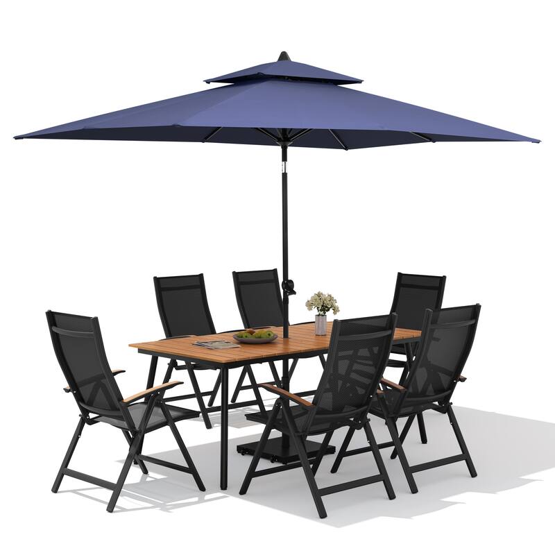 9PC Outdoor Patio Dining Set WoodLike Aluminum Umbrella Hole Table with Folding Chairs,Double Top Market Umbrella and Wheel Base