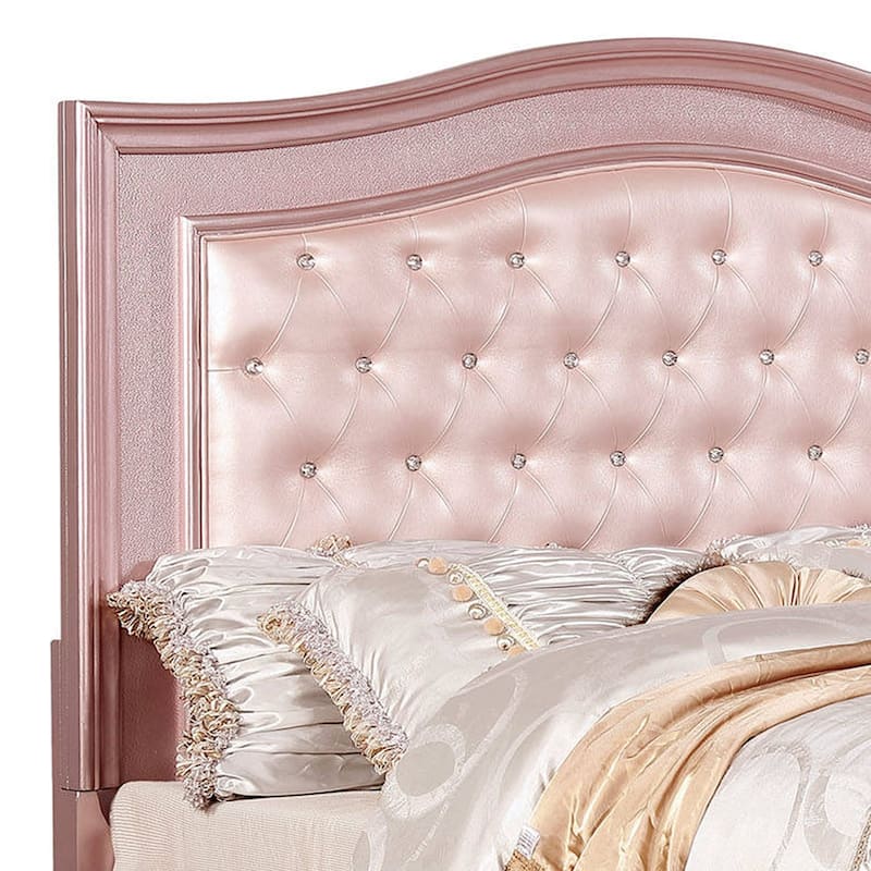 Twin Size Wooden Bed With Mirror Trim Details and Camelback Headboard, Pink
