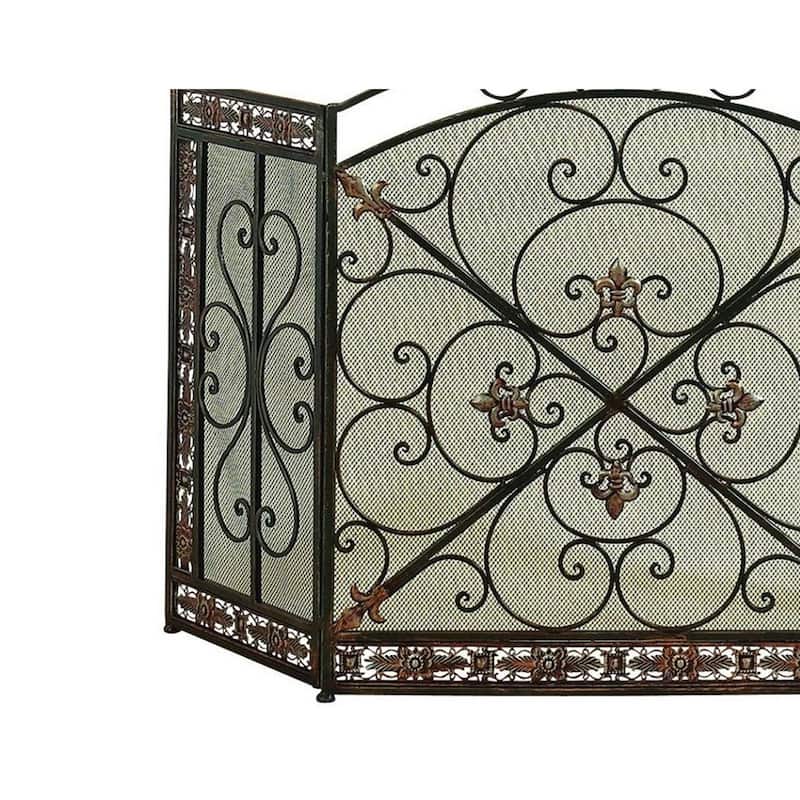 Traditional 3 Panel Metal Fire Screen With Filigree Design, Bronze, Black