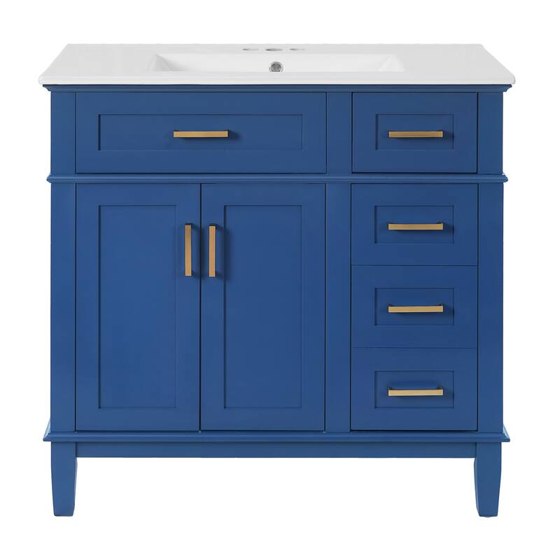 36" Blue Modern Bathroom Vanity with Ceramic Sink, Soft Close Doors, 4 Drawers for Storage, Elegant Design for Small Bathrooms
