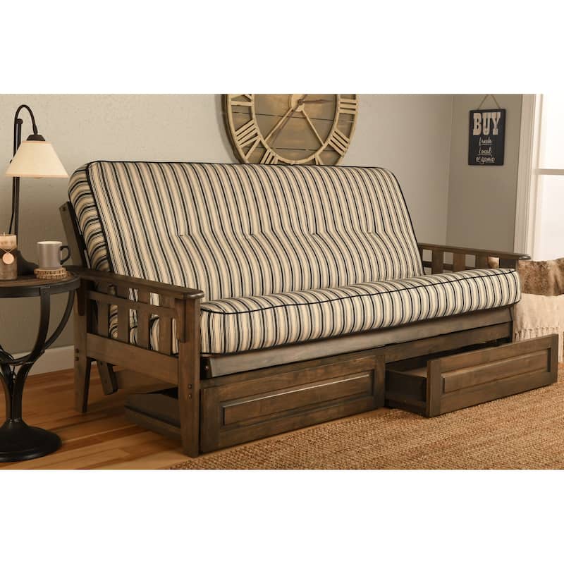 Somette Tucson Full Size Futon Set in Rustic Walnut Finish with Storage Drawers and Mattress