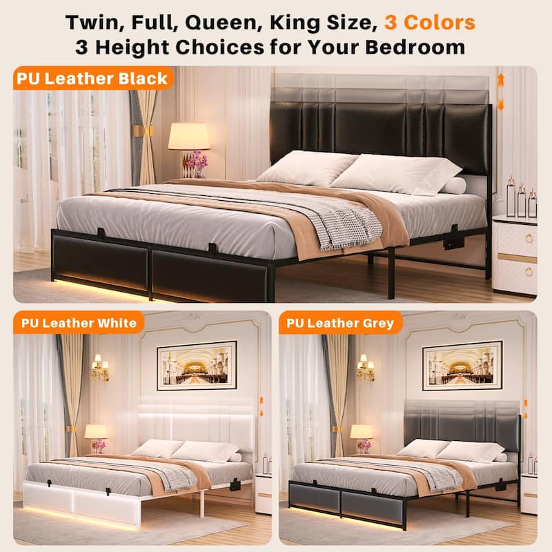 Platform Bed Frame with Ajustable Upholstered Headboard, Bed with USB Port and Charge Station