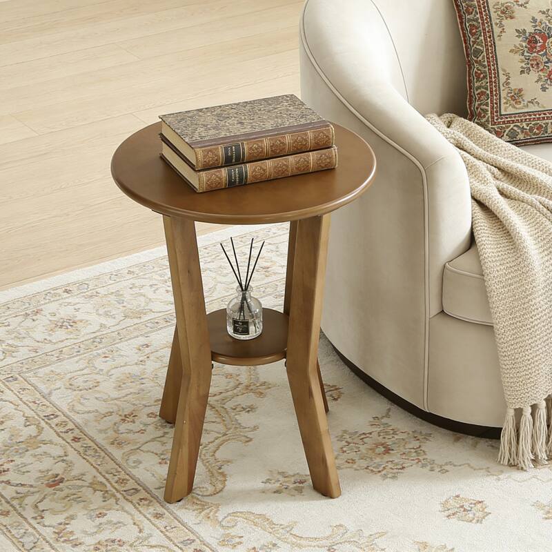 Round Farmhouse End Table with Shelf for Bedroom & Living Room