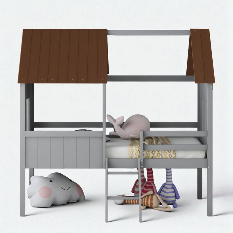 Twin Size House Bed with Roof and Side Windows, Low Loft Wooden Frame for Kids, No Box Spring Needed