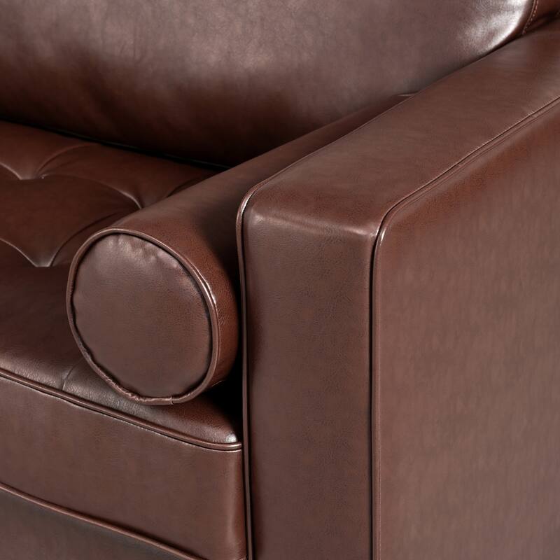 Mirod Mid-Century Modern PU Leather 3-Seat Sofa, Tufted Design, Solid Wood Legs, 2 Bolster Pillows