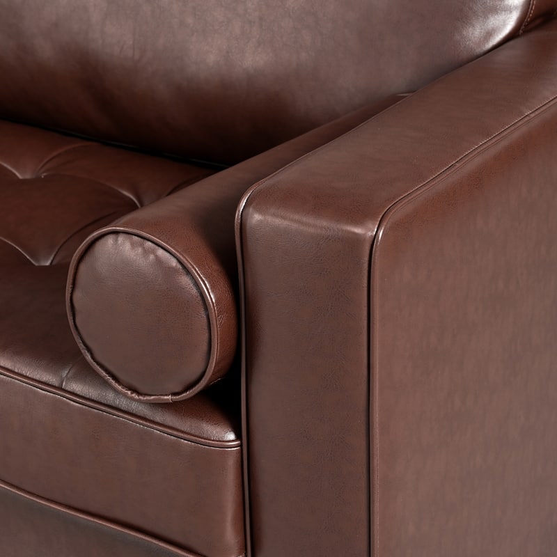 Roomfitters Mid-Century PU Leather Sofa, 3-Seater Couch with Tufted Seat, Bolster Pillows and Solid Wood Legs