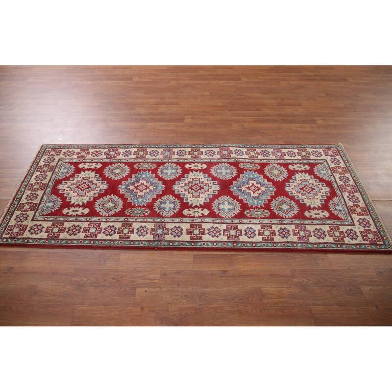 Hand Knotted Oriental 100% Wool Carpet Traditional Geometric Red Kazak Runner Rug - 6' 8'' X 2' 8''