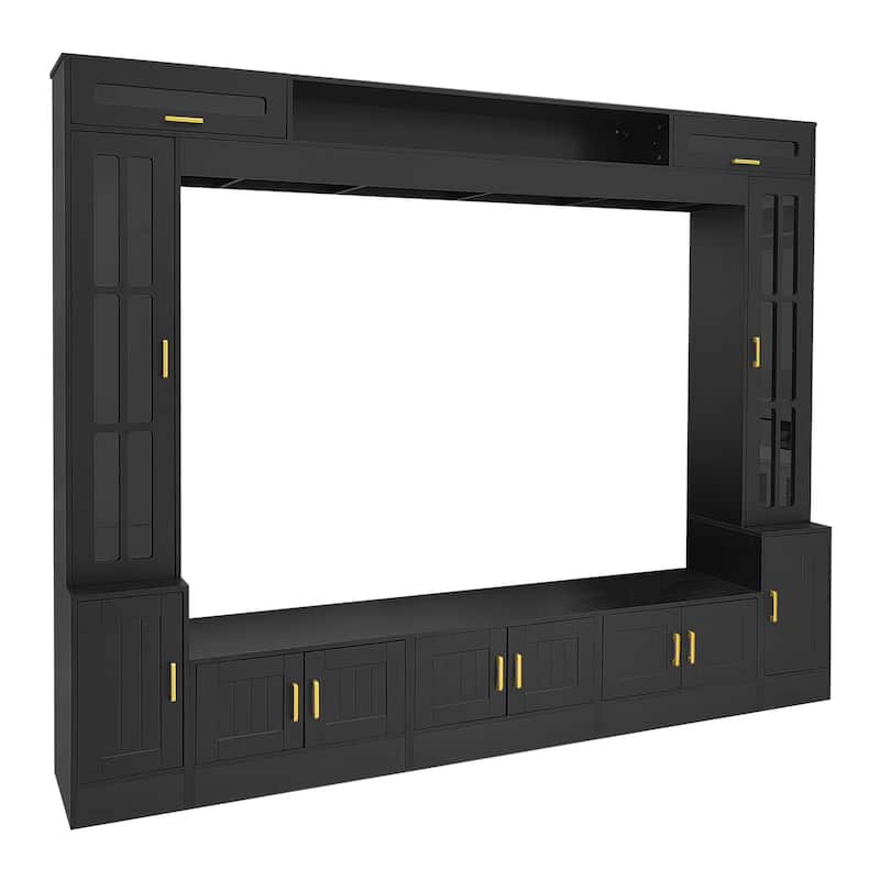 80 inch TV Stand, 8.4 ft Wall Unit Entertainment Center with Bookshelves & Glass Door Cabinets