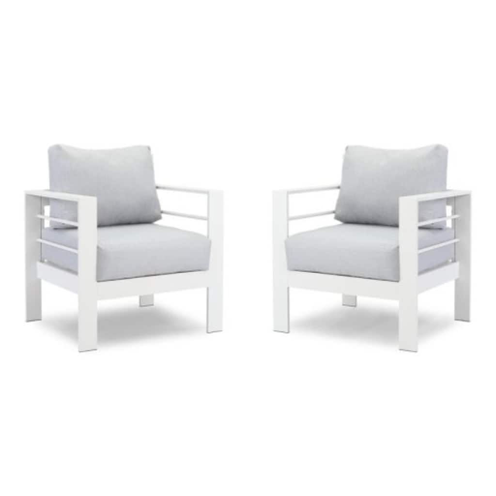 2-Pack 28" Aluminum Patio Armchairs with Thick Light Gray Cushions White Frame