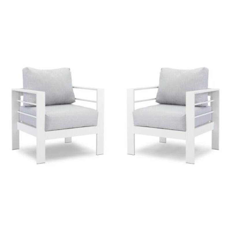 2-Pack 28" Aluminum Patio Armchairs with Thick Light Gray Cushions White Frame