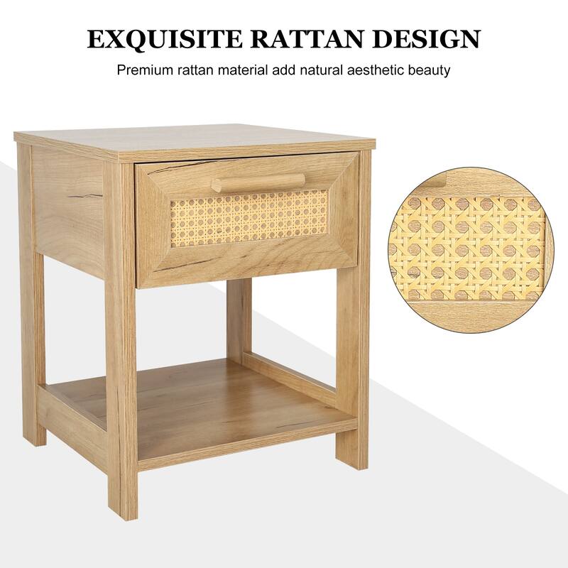 Rattan Design Nightstand with 1 Drawer and 1 open storage shelf,Set of 2