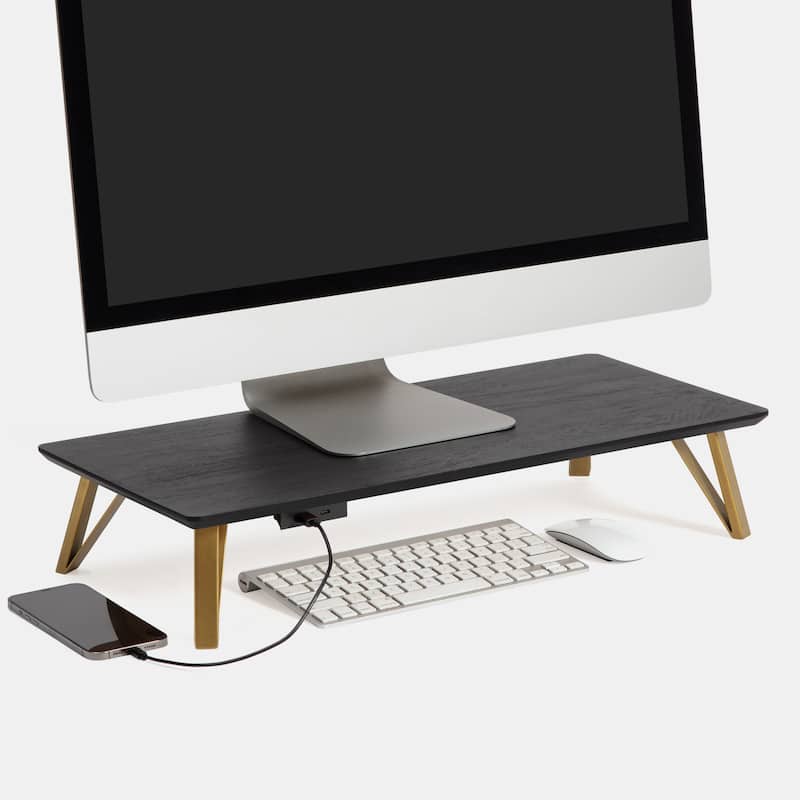 Jani Wood Monitor Stand Riser Desk - Ergonomic Design Stand, Desktop Organizer Table for Home, Office Workspace, Gaming Desk - Black
