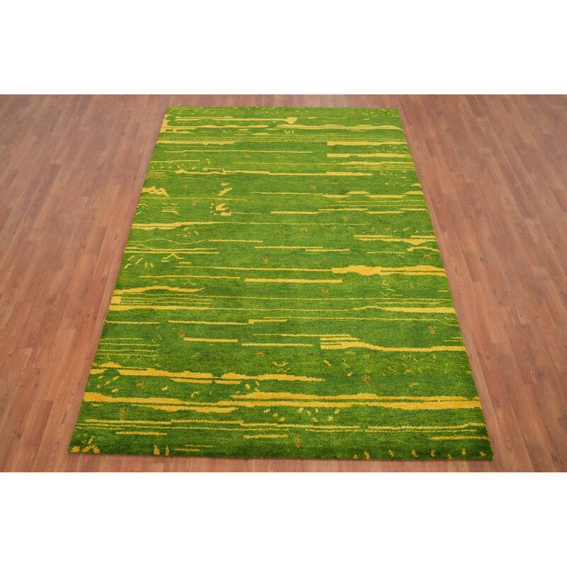 Hand Knotted Oriental 100% Wool Carpet Modern Stripe Green Gabbeh Area Rug - 7' 9'' X 5' 5''