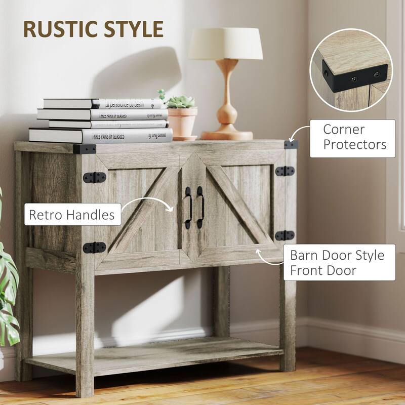 Farmhouse Cabinet with Barn-Style Doors Washed Gray Two-Door Storage Cabinet with Bottom Shelf - 35.5" x 15.25" x 31.75"
