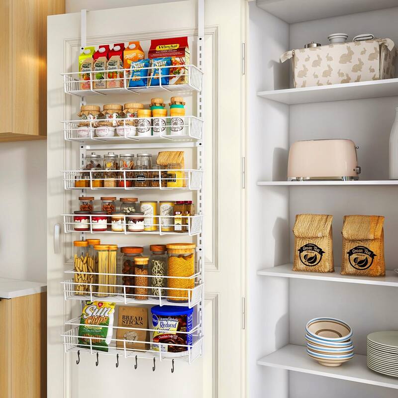 Over The Door Pantry Organizer,Wall Mount Spice Rack, Pantry Hanging Storage ,6 Adjustable Baskets Heavy-Duty Metal, - White
