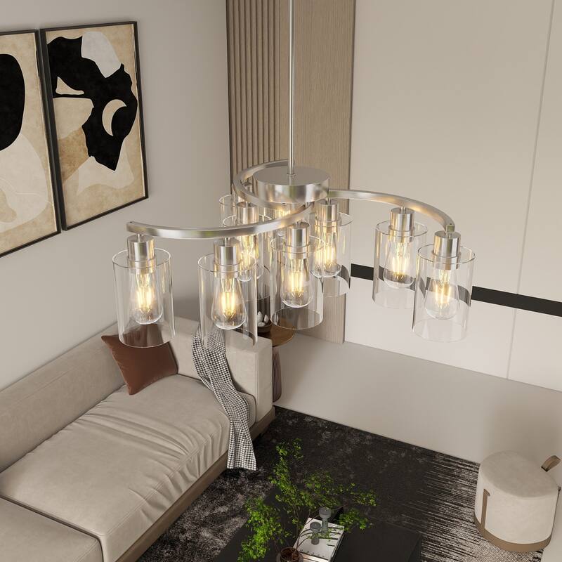 9-Light Glass Chandelier, Adjustable Height Dining Room Light Fixtures Over Table, Contemporary Hanging Chandelier