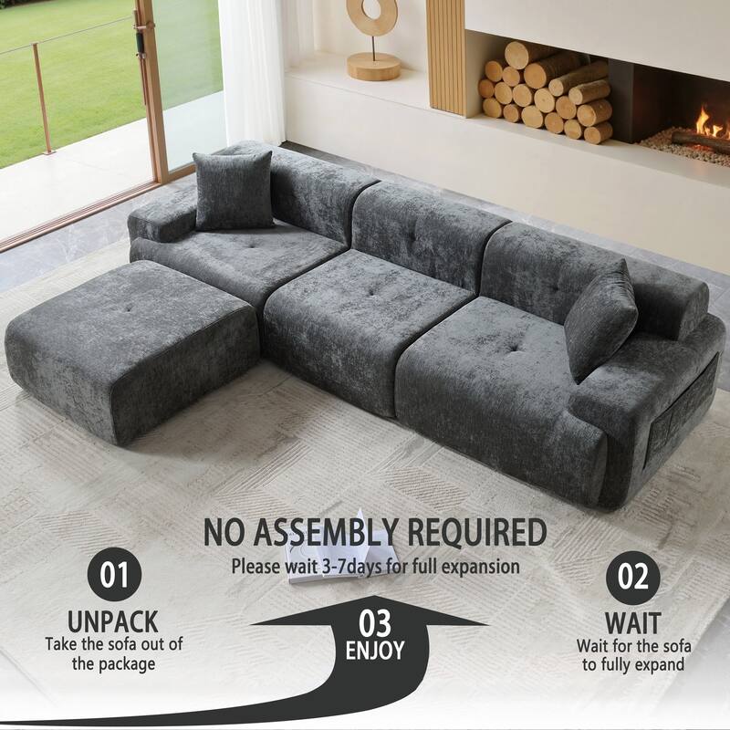 118 inch Oversized 3 Seater L-Shaped Chenille Boneless Modular Sectional Sofa Couch with Movable Ottoman