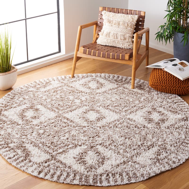SAFAVIEH Jericho Shag Valarie Boho 1.2-inch Thick Rug - 6'7" Round - Taupe/Ivory