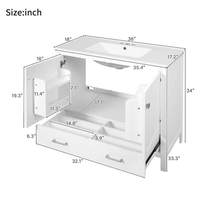 36" White Bathroom Vanity with Ceramic Sink, Soft-Close Doors, Double Storage Shelves & Divided Drawer