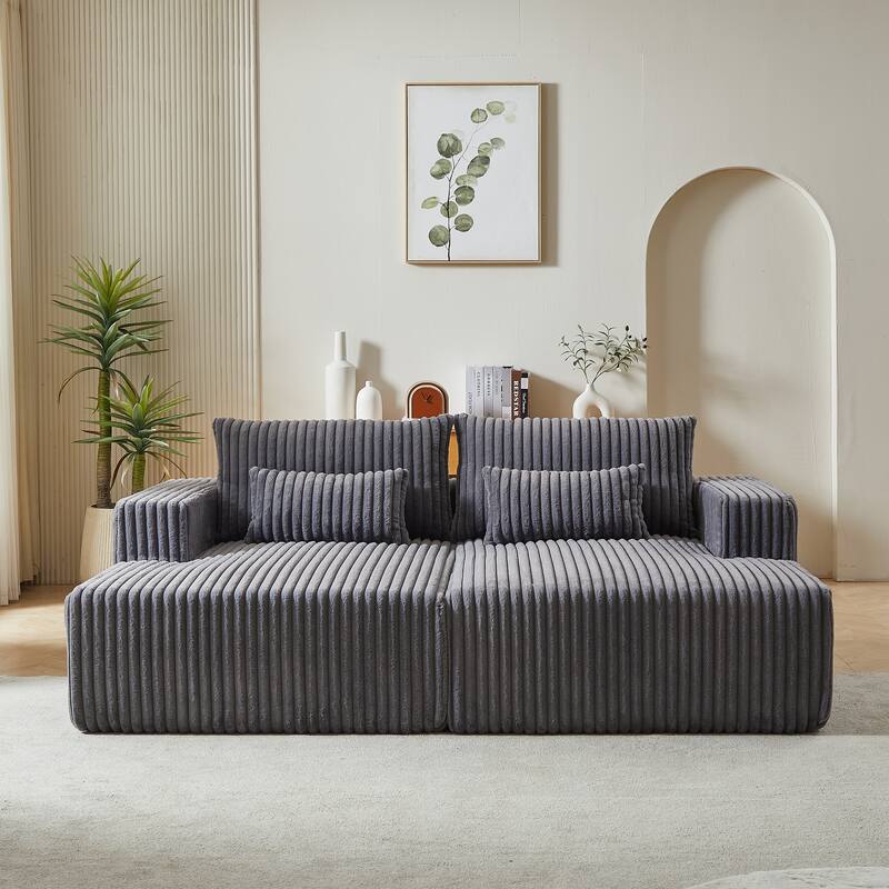 87'' Lounge Chaise Sleeper Sofa - Soft Corduroy Couch with Ottoman Bench and Pillow Support