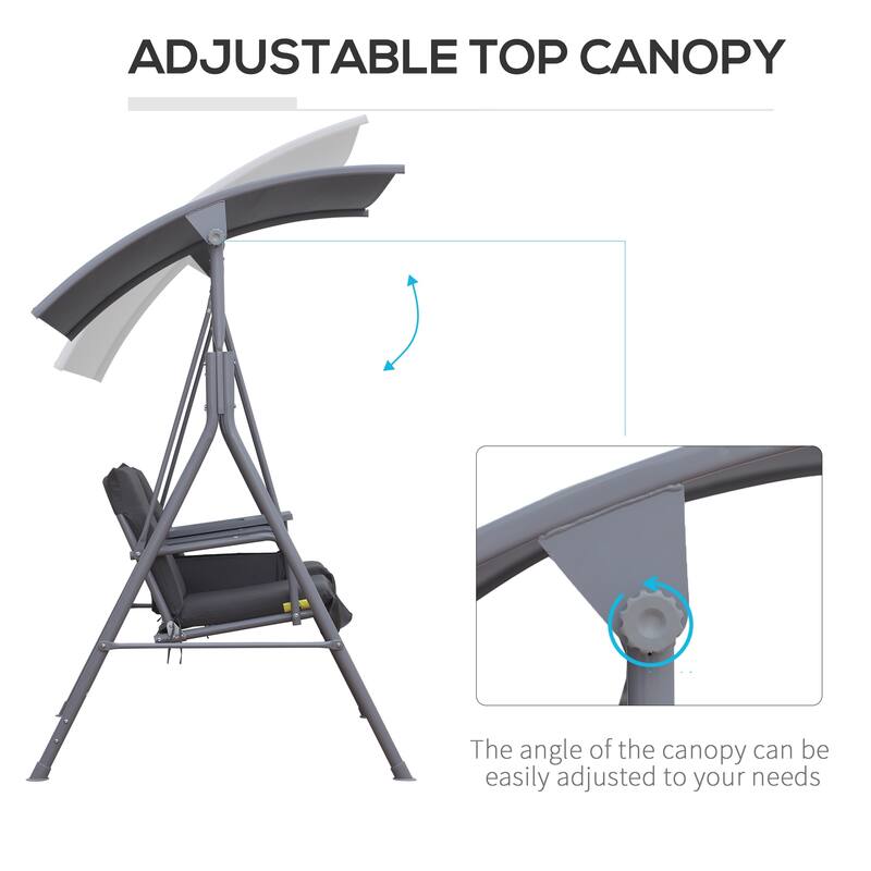 Steel 2-Person Porch Swing with Stand and Canopy - Outdoor Patio Swing with Storage Table and Cup Holders