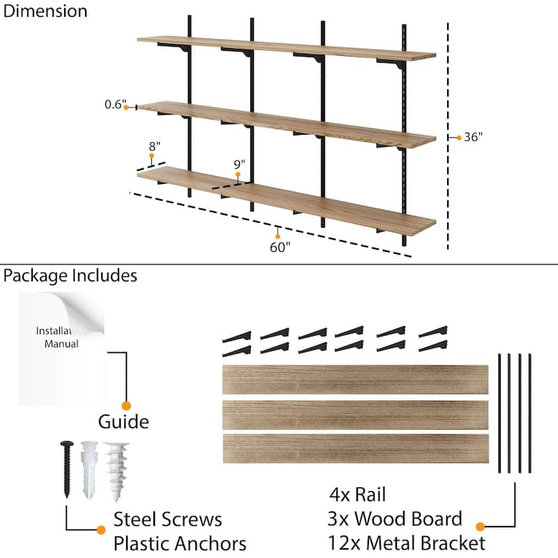 Wallniture Turin 60 Inch Long Wall Bookshelf, Floating Shelf with Adjustable Brackets, Farmhouse, Custom Finish and Tier Options